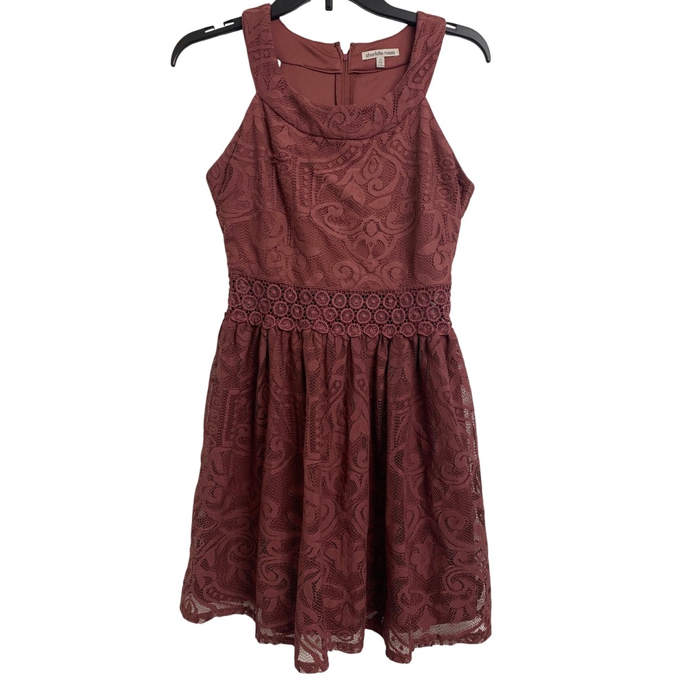 Charlotte Russe  Burgundy Lace Halter Fit & Flare Dress Maroon  M‎